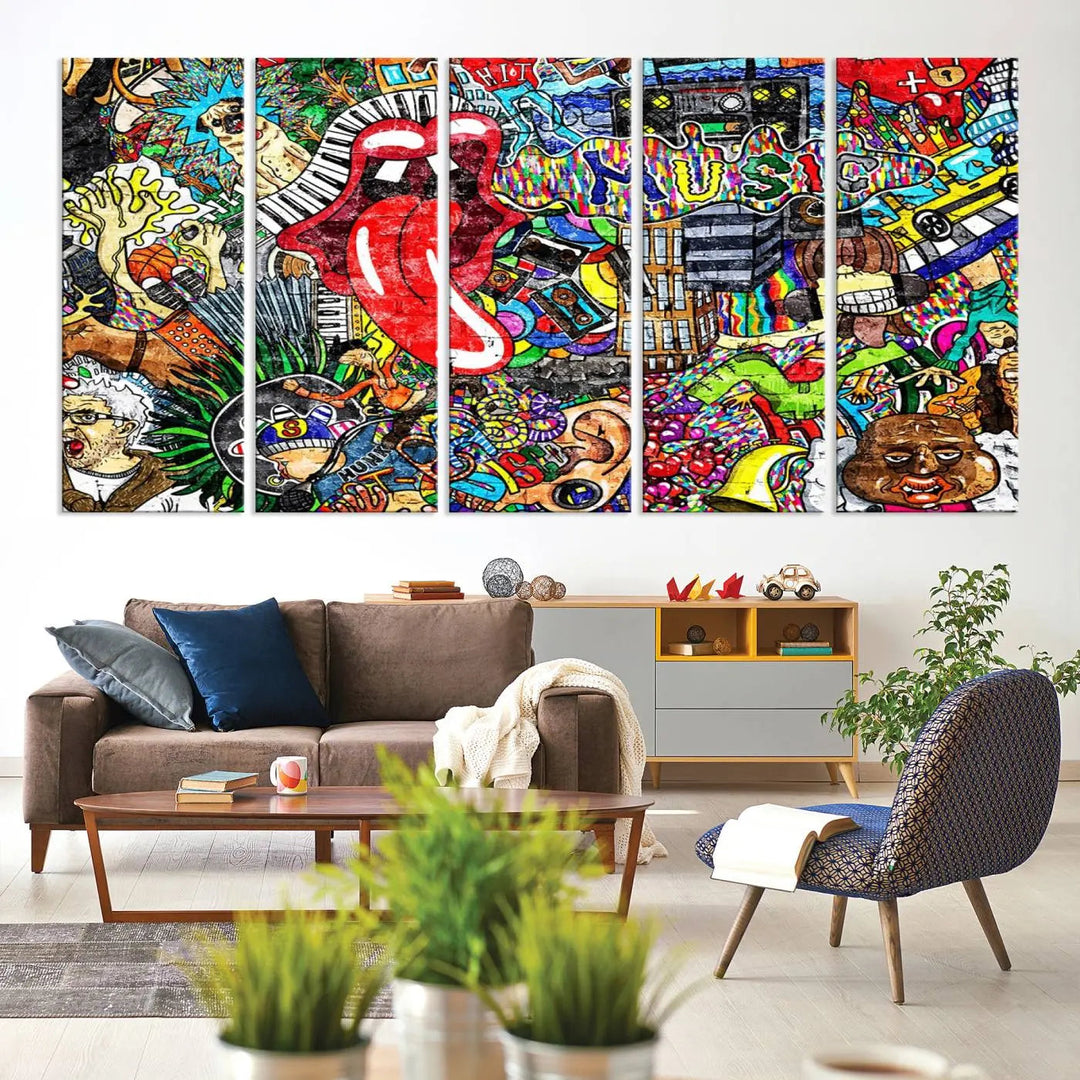 The Vibrant Music Graffiti Wall Art Canvas Print, featuring an array of characters and symbols, brings life to a gallery-wrapped, museum-quality canvas. Its UV-protective coating keeps the artwork vibrant over time.