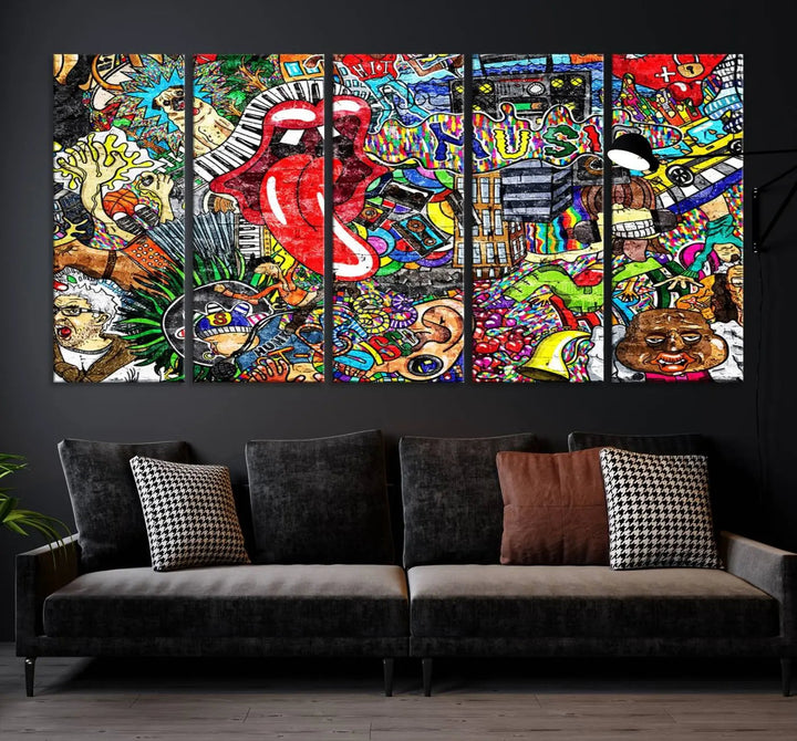 The Vibrant Music Graffiti Wall Art Canvas Print, featuring an array of characters and symbols, brings life to a gallery-wrapped, museum-quality canvas. Its UV-protective coating keeps the artwork vibrant over time.