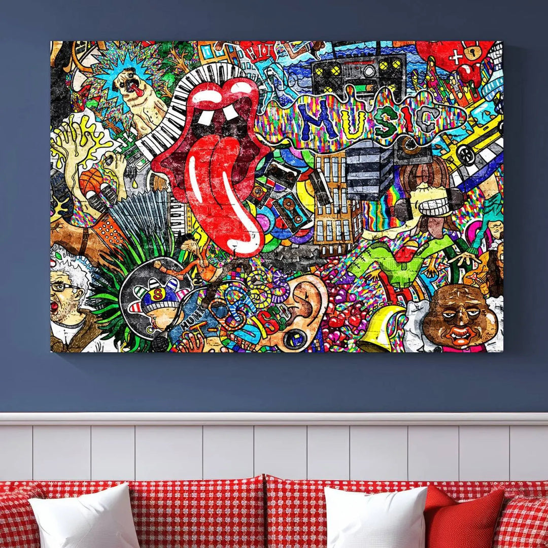 The Vibrant Music Graffiti Wall Art Canvas Print, featuring an array of characters and symbols, brings life to a gallery-wrapped, museum-quality canvas. Its UV-protective coating keeps the artwork vibrant over time.