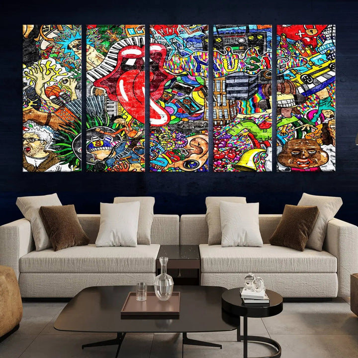 The Vibrant Music Graffiti Wall Art Canvas Print, featuring an array of characters and symbols, brings life to a gallery-wrapped, museum-quality canvas. Its UV-protective coating keeps the artwork vibrant over time.