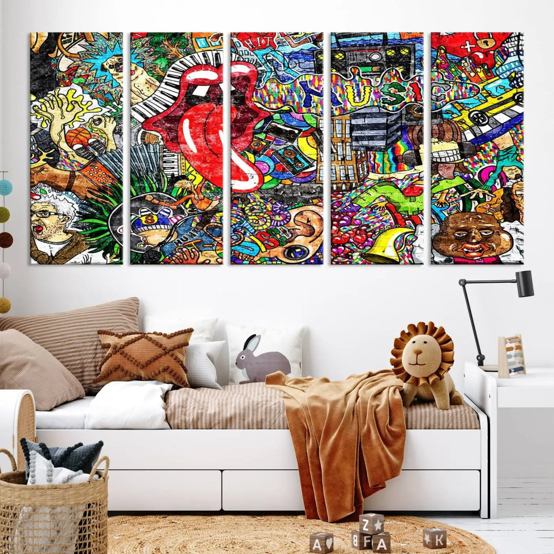 The Vibrant Music Graffiti Wall Art Canvas Print, featuring an array of characters and symbols, brings life to a gallery-wrapped, museum-quality canvas. Its UV-protective coating keeps the artwork vibrant over time.