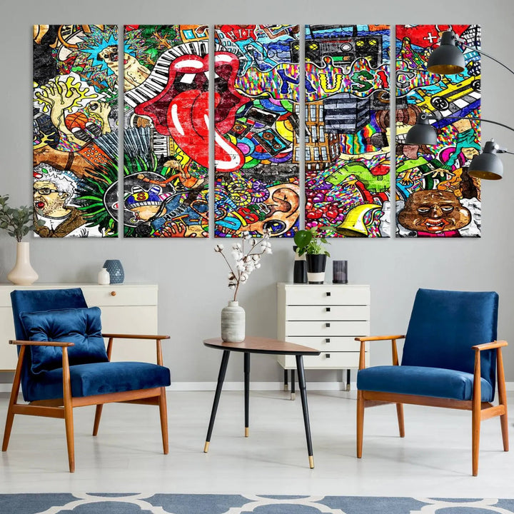 The Vibrant Music Graffiti Wall Art Canvas Print, featuring an array of characters and symbols, brings life to a gallery-wrapped, museum-quality canvas. Its UV-protective coating keeps the artwork vibrant over time.