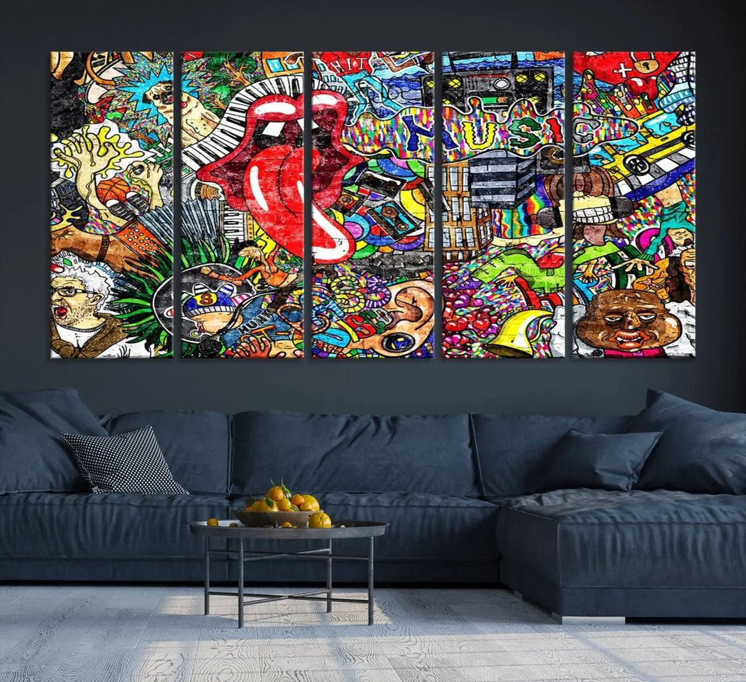 The Vibrant Music Graffiti Wall Art Canvas Print, featuring an array of characters and symbols, brings life to a gallery-wrapped, museum-quality canvas. Its UV-protective coating keeps the artwork vibrant over time.