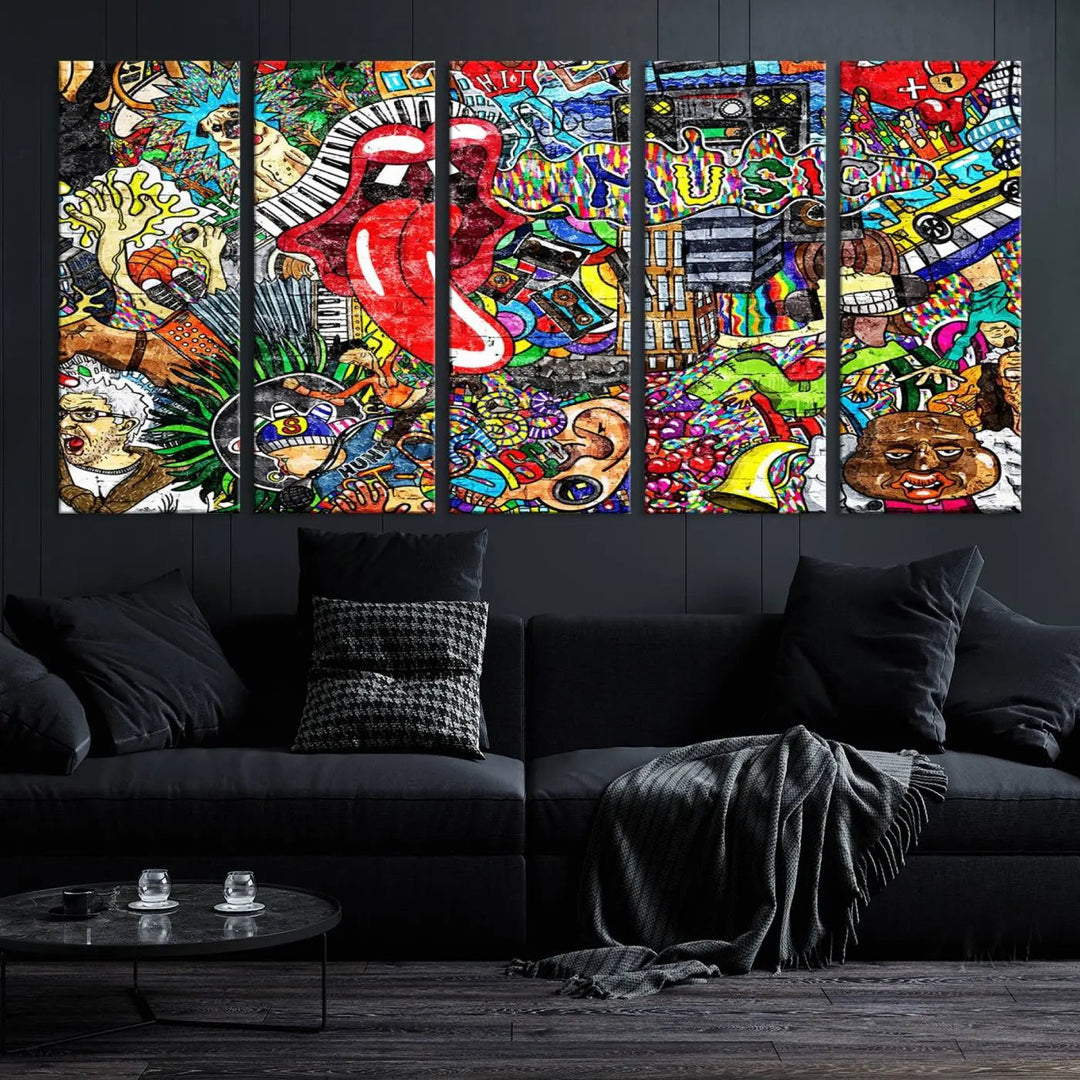 The Vibrant Music Graffiti Wall Art Canvas Print, featuring an array of characters and symbols, brings life to a gallery-wrapped, museum-quality canvas. Its UV-protective coating keeps the artwork vibrant over time.