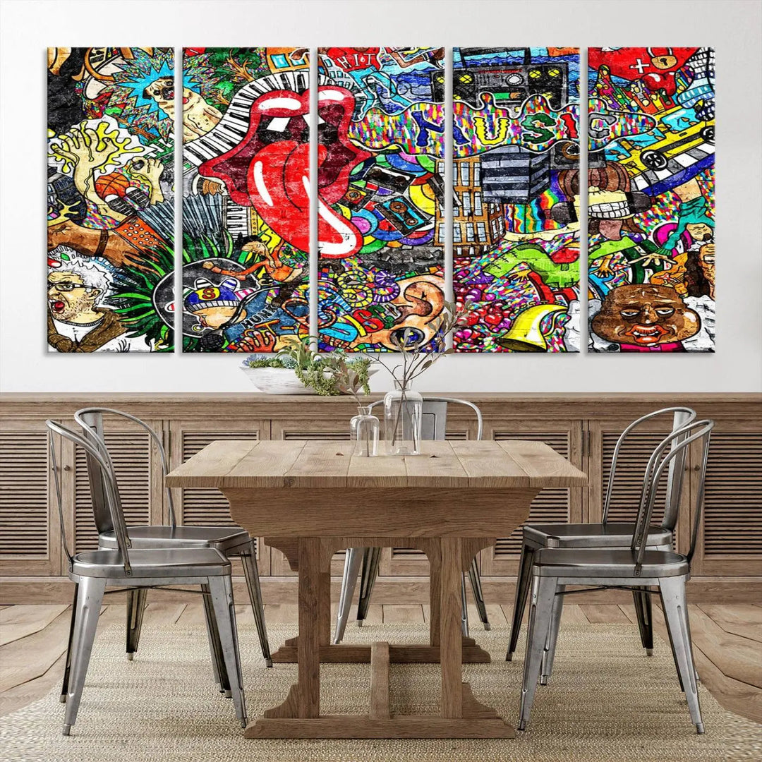 The Vibrant Music Graffiti Wall Art Canvas Print, featuring an array of characters and symbols, brings life to a gallery-wrapped, museum-quality canvas. Its UV-protective coating keeps the artwork vibrant over time.