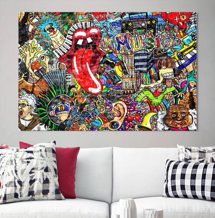 The Vibrant Music Graffiti Wall Art Canvas Print, featuring an array of characters and symbols, brings life to a gallery-wrapped, museum-quality canvas. Its UV-protective coating keeps the artwork vibrant over time.