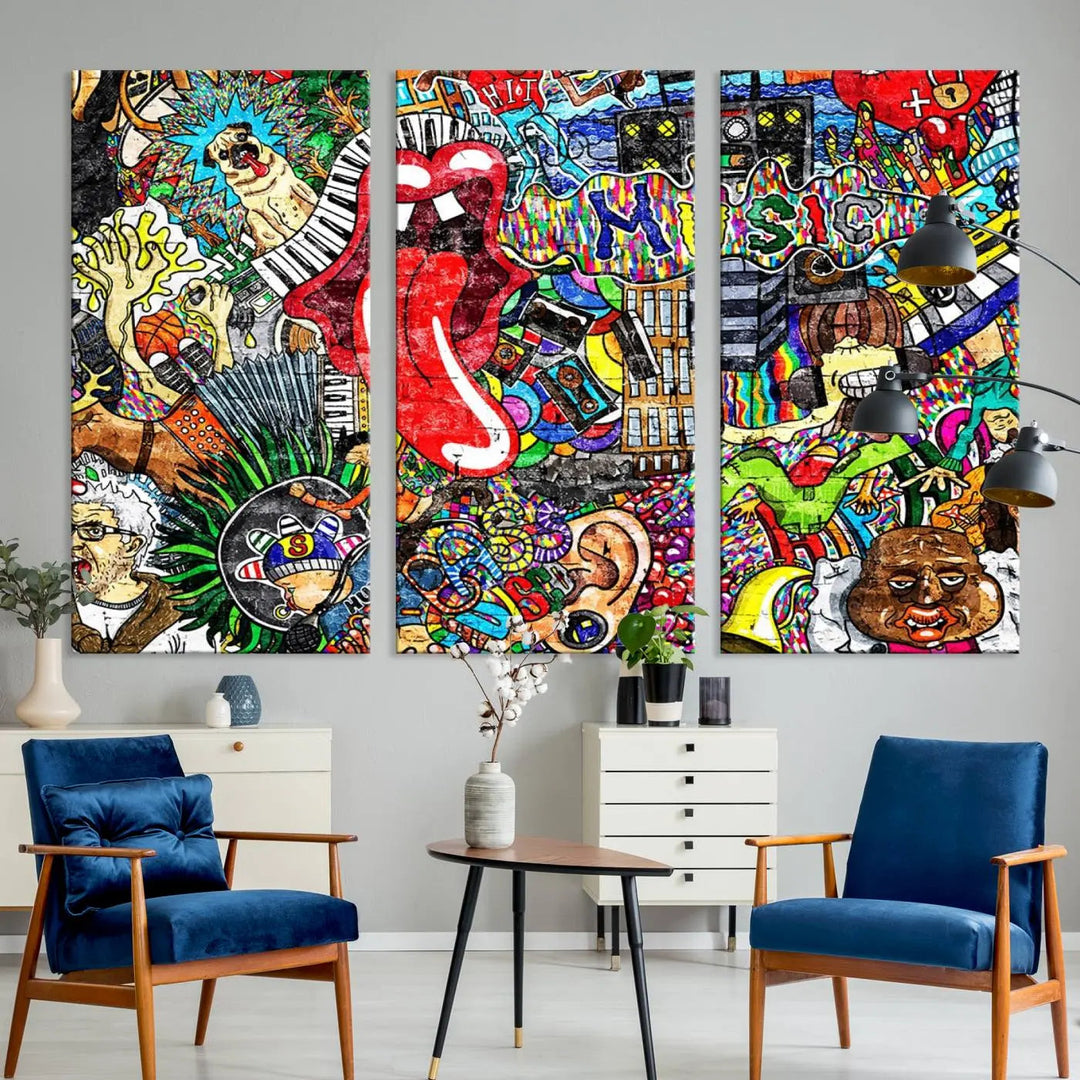 The Vibrant Music Graffiti Wall Art Canvas Print, featuring an array of characters and symbols, brings life to a gallery-wrapped, museum-quality canvas. Its UV-protective coating keeps the artwork vibrant over time.