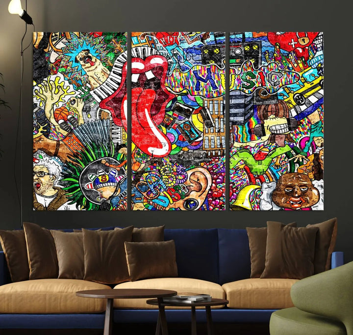 The Vibrant Music Graffiti Wall Art Canvas Print, featuring an array of characters and symbols, brings life to a gallery-wrapped, museum-quality canvas. Its UV-protective coating keeps the artwork vibrant over time.