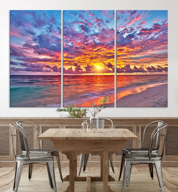 The Vibrant Sunset Beach Wall Art - Ocean Sunset Canvas Print adds warmth and serenity. This stunning piece of coastal wall art transforms the space, capturing nature's beauty in every detail.