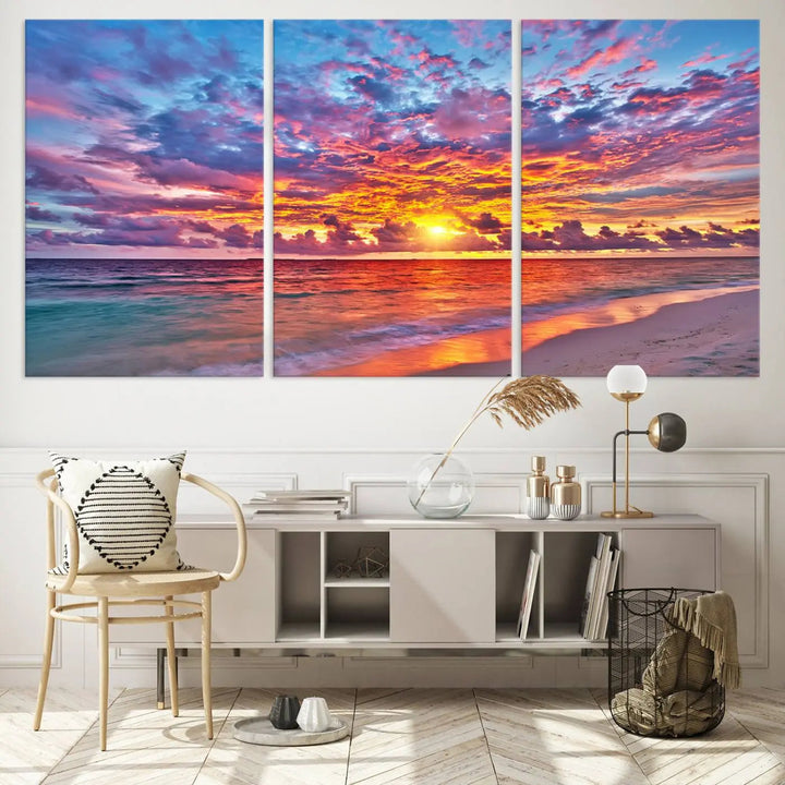 The Vibrant Sunset Beach Wall Art - Ocean Sunset Canvas Print adds warmth and serenity. This stunning piece of coastal wall art transforms the space, capturing nature's beauty in every detail.