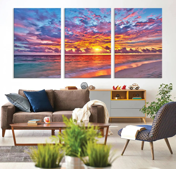 The Vibrant Sunset Beach Wall Art - Ocean Sunset Canvas Print adds warmth and serenity. This stunning piece of coastal wall art transforms the space, capturing nature's beauty in every detail.