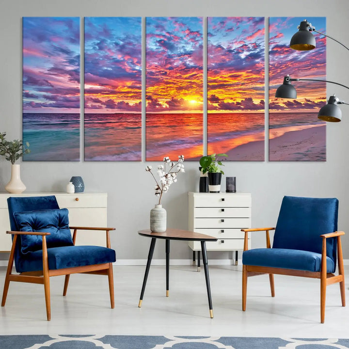 The Vibrant Sunset Beach Wall Art - Ocean Sunset Canvas Print adds warmth and serenity. This stunning piece of coastal wall art transforms the space, capturing nature's beauty in every detail.