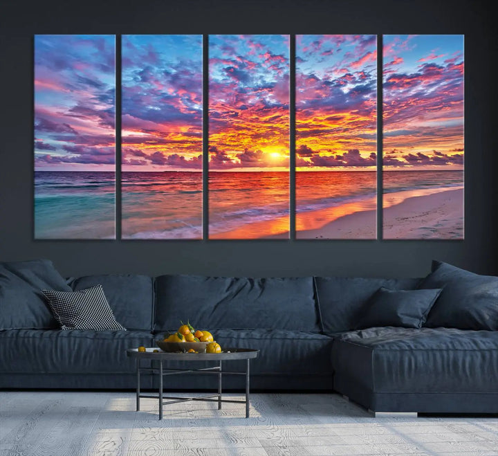 The Vibrant Sunset Beach Wall Art - Ocean Sunset Canvas Print adds warmth and serenity. This stunning piece of coastal wall art transforms the space, capturing nature's beauty in every detail.