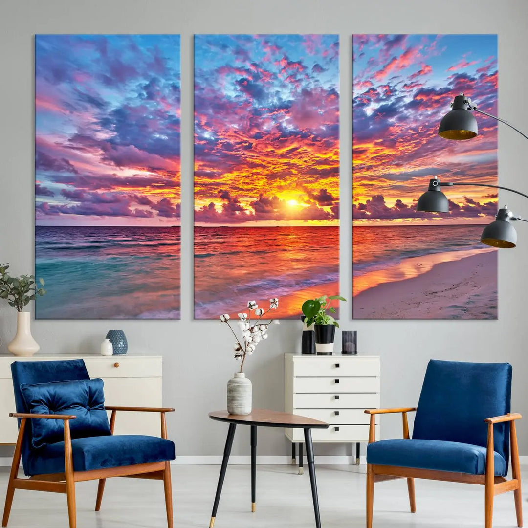 The Vibrant Sunset Beach Wall Art - Ocean Sunset Canvas Print adds warmth and serenity. This stunning piece of coastal wall art transforms the space, capturing nature's beauty in every detail.