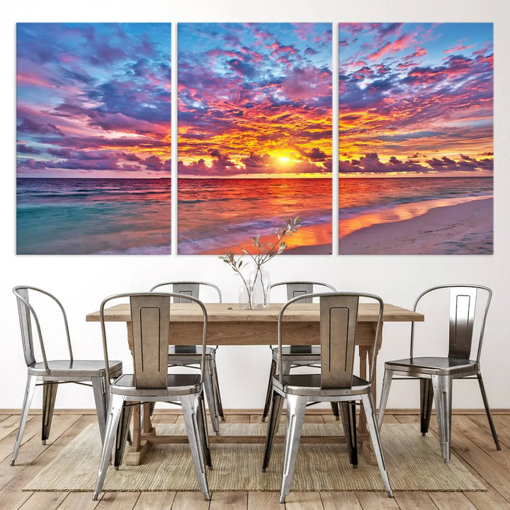 The Vibrant Sunset Beach Wall Art - Ocean Sunset Canvas Print adds warmth and serenity. This stunning piece of coastal wall art transforms the space, capturing nature's beauty in every detail.