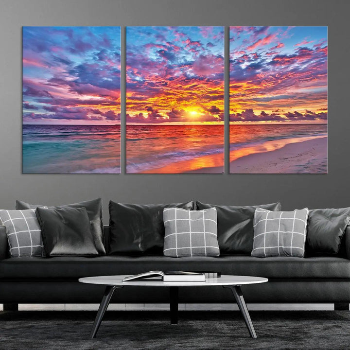 The living room showcases vibrant tropical sunset beach wall art canvas prints, highlighting a captivating coastal ocean waves scene.