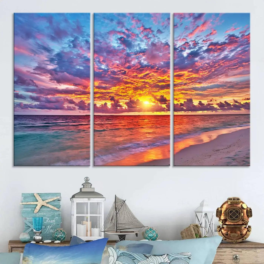 The living room showcases vibrant tropical sunset beach wall art canvas prints, highlighting a captivating coastal ocean waves scene.