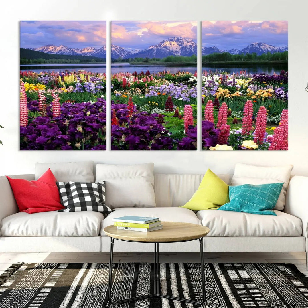 The living room features the "Vibrant Wildflower Garden and Mountain View Giclee Canvas Print," a floral wall art piece showcasing mountains and flowers.