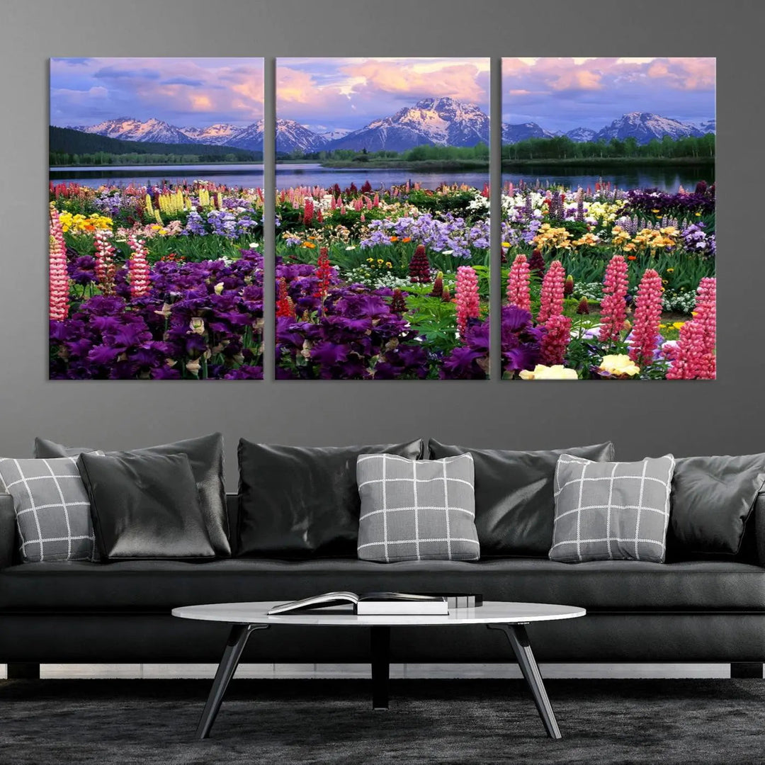 The living room features the "Vibrant Wildflower Garden and Mountain View Giclee Canvas Print," a floral wall art piece showcasing mountains and flowers.