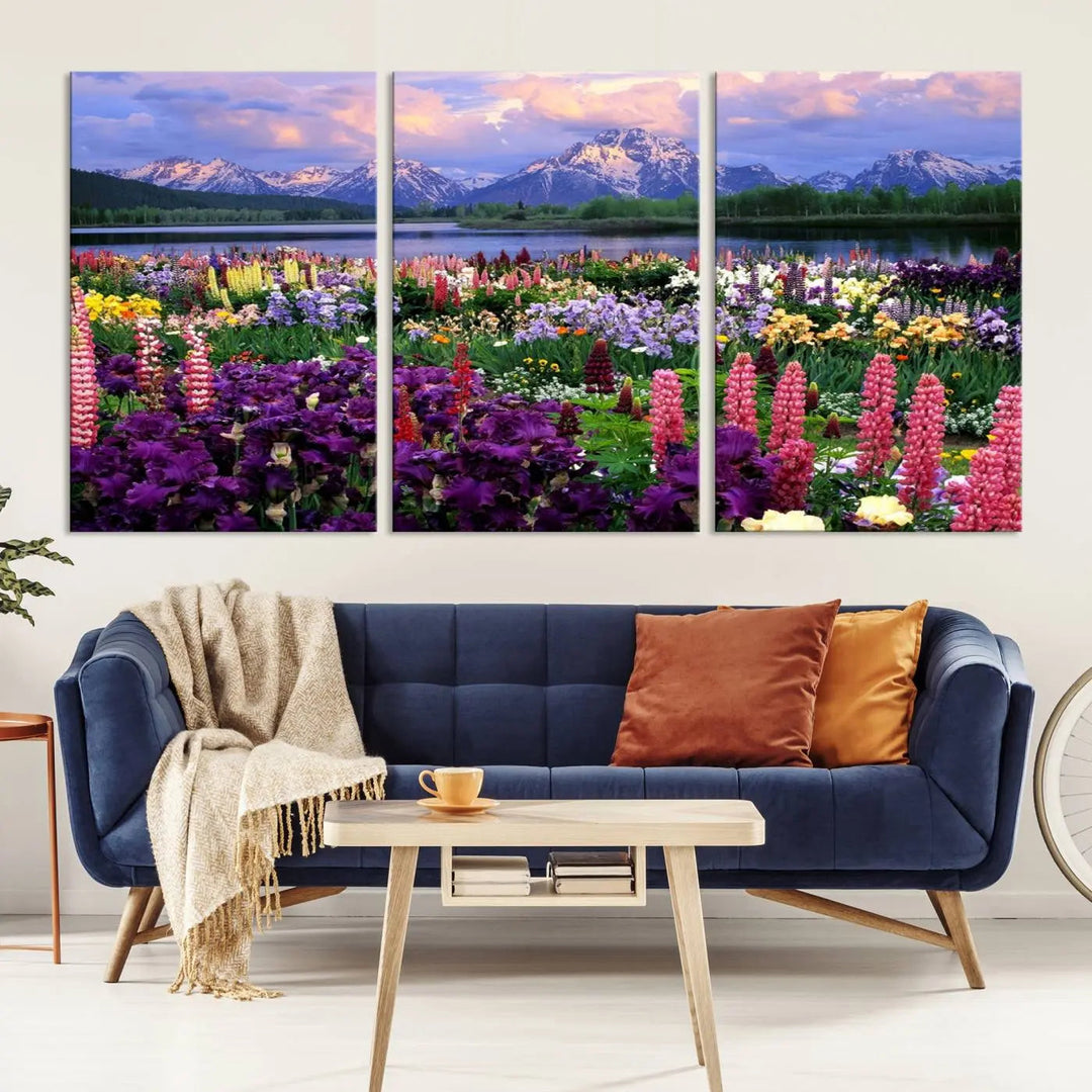 The living room features the "Vibrant Wildflower Garden and Mountain View Giclee Canvas Print," a floral wall art piece showcasing mountains and flowers.