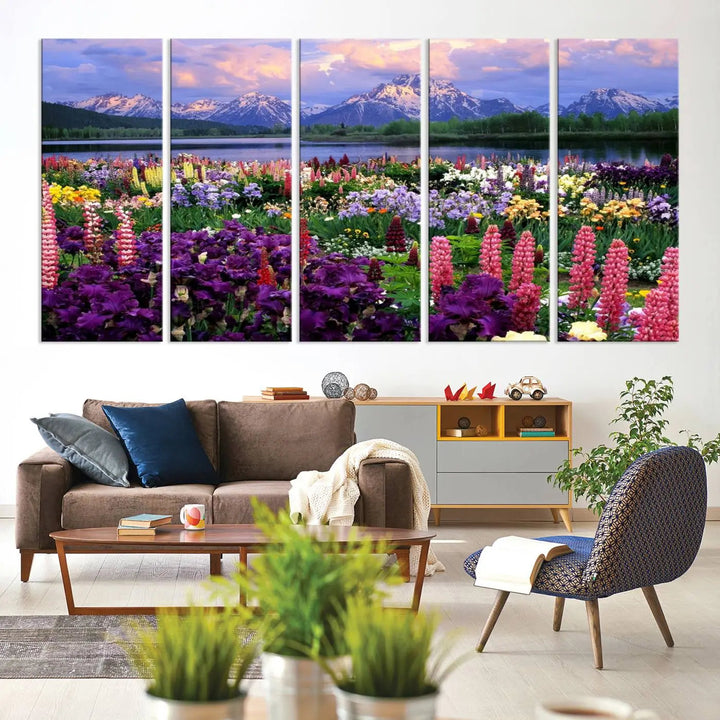 The living room features the "Vibrant Wildflower Garden and Mountain View Giclee Canvas Print," a floral wall art piece showcasing mountains and flowers.