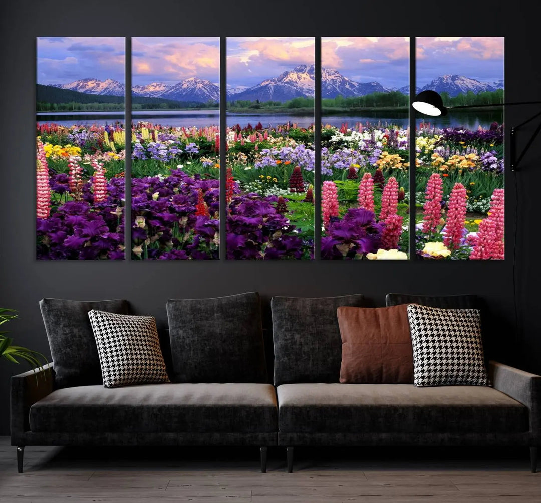 The living room features the "Vibrant Wildflower Garden and Mountain View Giclee Canvas Print," a floral wall art piece showcasing mountains and flowers.