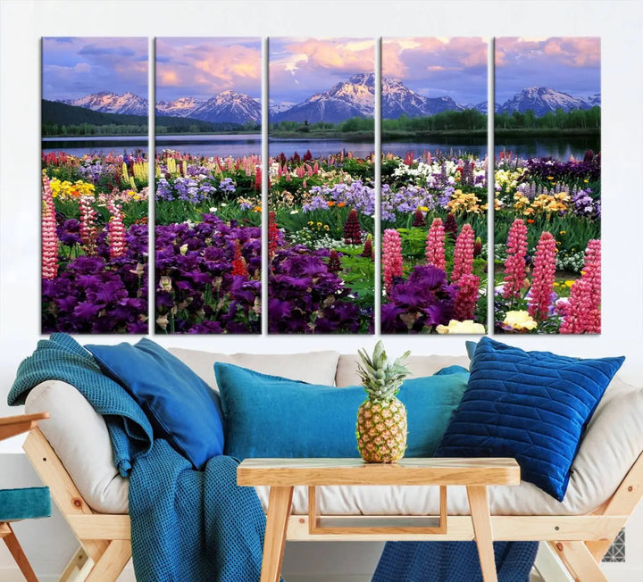 The living room features the "Vibrant Wildflower Garden and Mountain View Giclee Canvas Print," a floral wall art piece showcasing mountains and flowers.