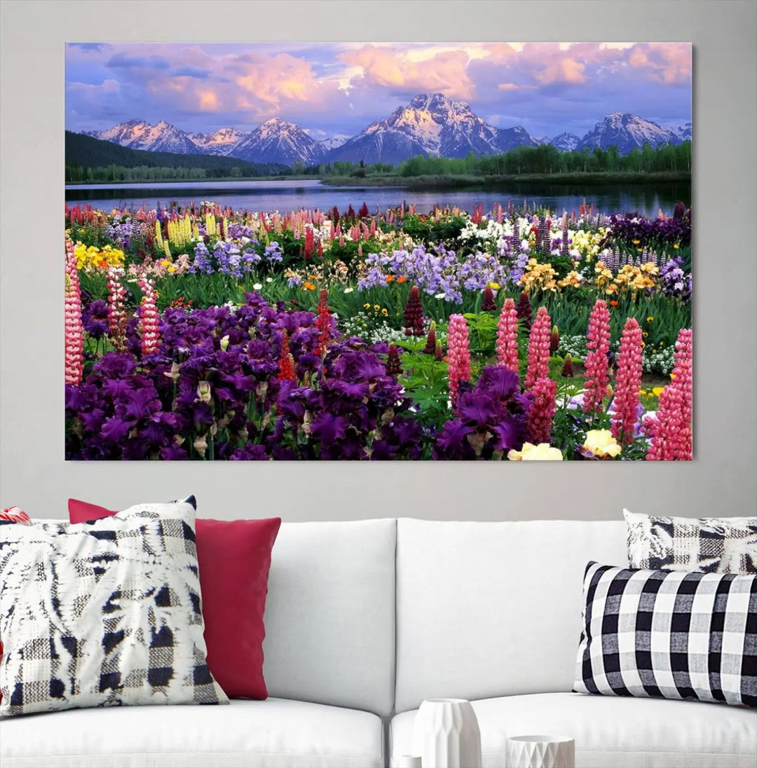 The living room features the "Vibrant Wildflower Garden and Mountain View Giclee Canvas Print," a floral wall art piece showcasing mountains and flowers.