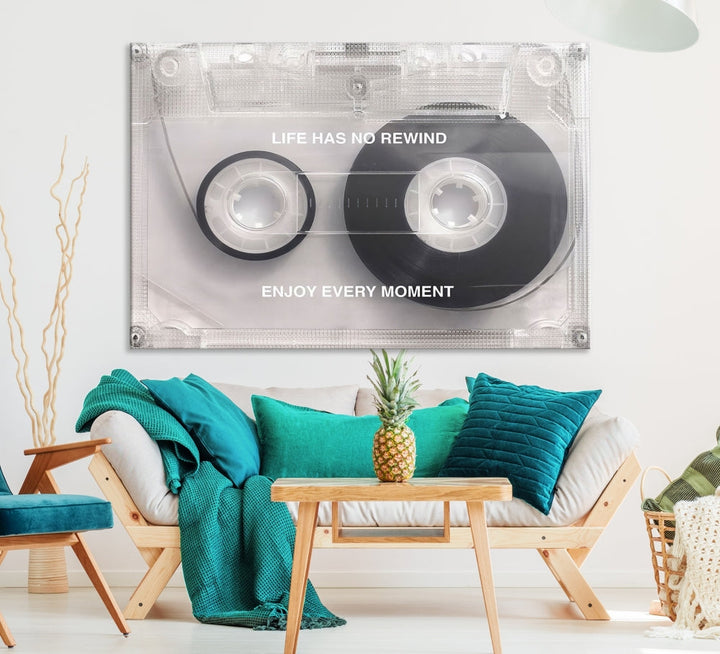Vintage Cassette Tape Canvas Wall Art - Inspirational 'Life Has No Rewind' Quote, Retro Music Decor for Living Room
