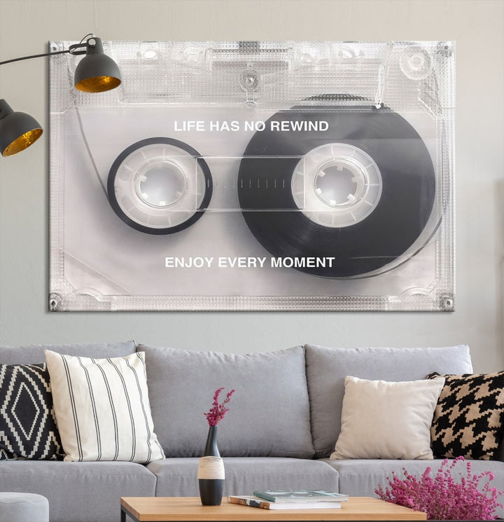 Vintage Cassette Tape Canvas Wall Art - Inspirational 'Life Has No Rewind' Quote, Retro Music Decor for Living Room