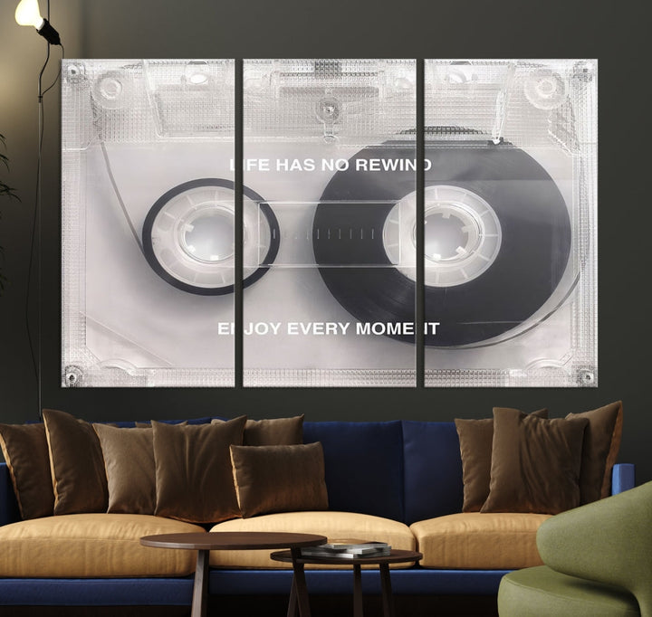 Vintage Cassette Tape Canvas Wall Art - Inspirational 'Life Has No Rewind' Quote, Retro Music Decor for Living Room