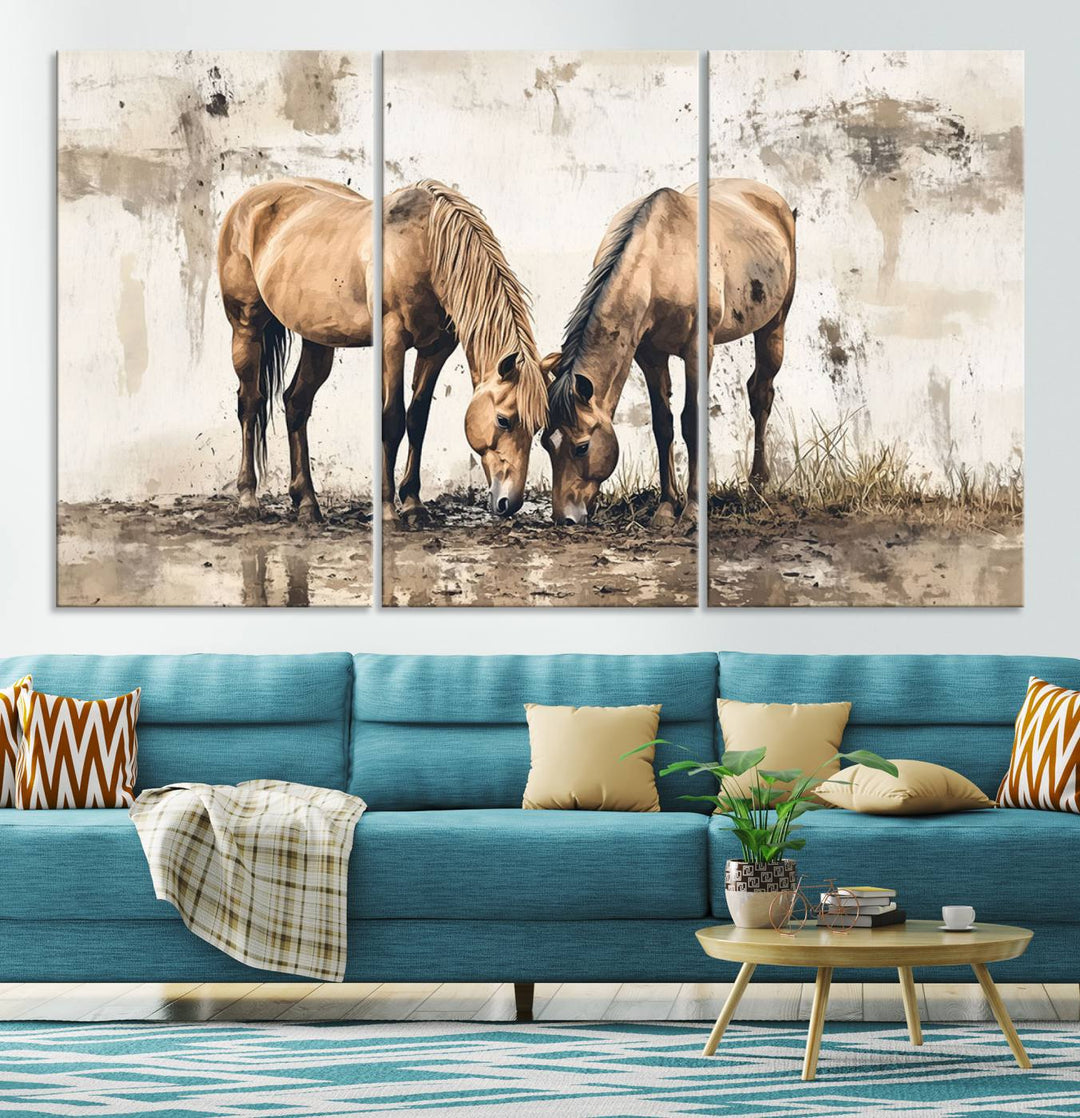Vintage Horses Wall Art | Ready to Hang and Framed Triptych | Western Farmhouse Wall Decor for Living Room