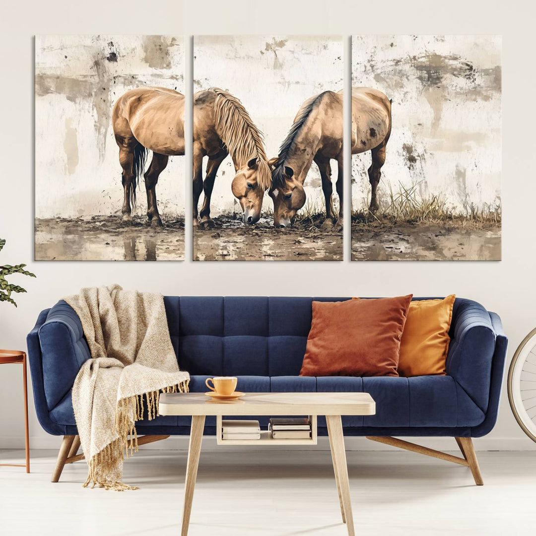 Vintage Horses Wall Art | Ready to Hang and Framed Triptych | Western Farmhouse Wall Decor for Living Room