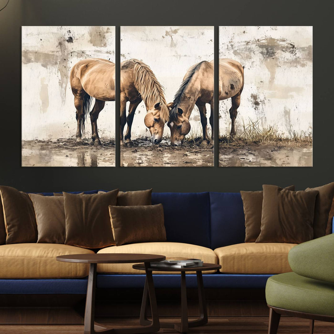 Vintage Horses Wall Art | Ready to Hang and Framed Triptych | Western Farmhouse Wall Decor for Living Room