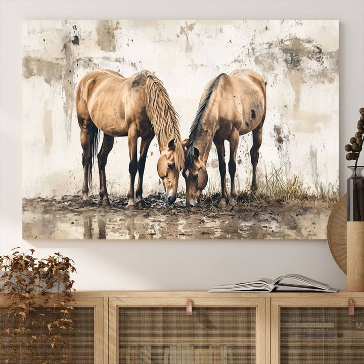 Vintage Horses Wall Art | Ready to Hang and Framed Triptych | Western Farmhouse Wall Decor for Living Room