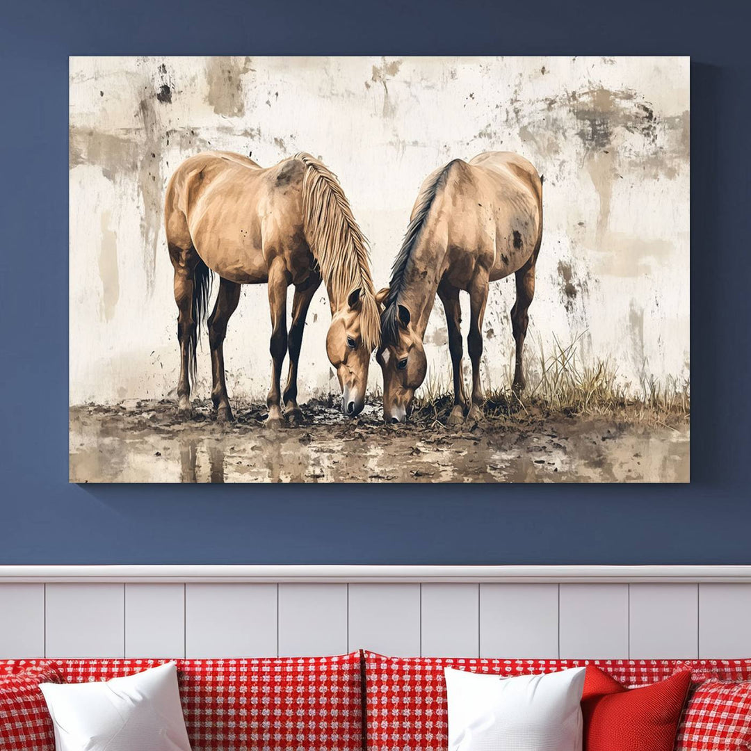 Vintage Horses Wall Art | Ready to Hang and Framed Triptych | Western Farmhouse Wall Decor for Living Room