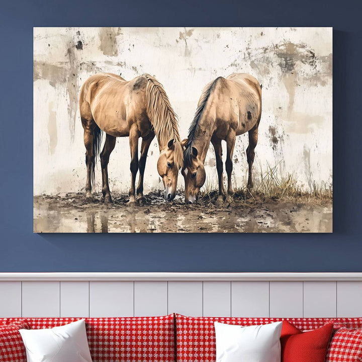 Vintage Horses Wall Art | Ready to Hang and Framed Triptych | Western Farmhouse Wall Decor for Living Room