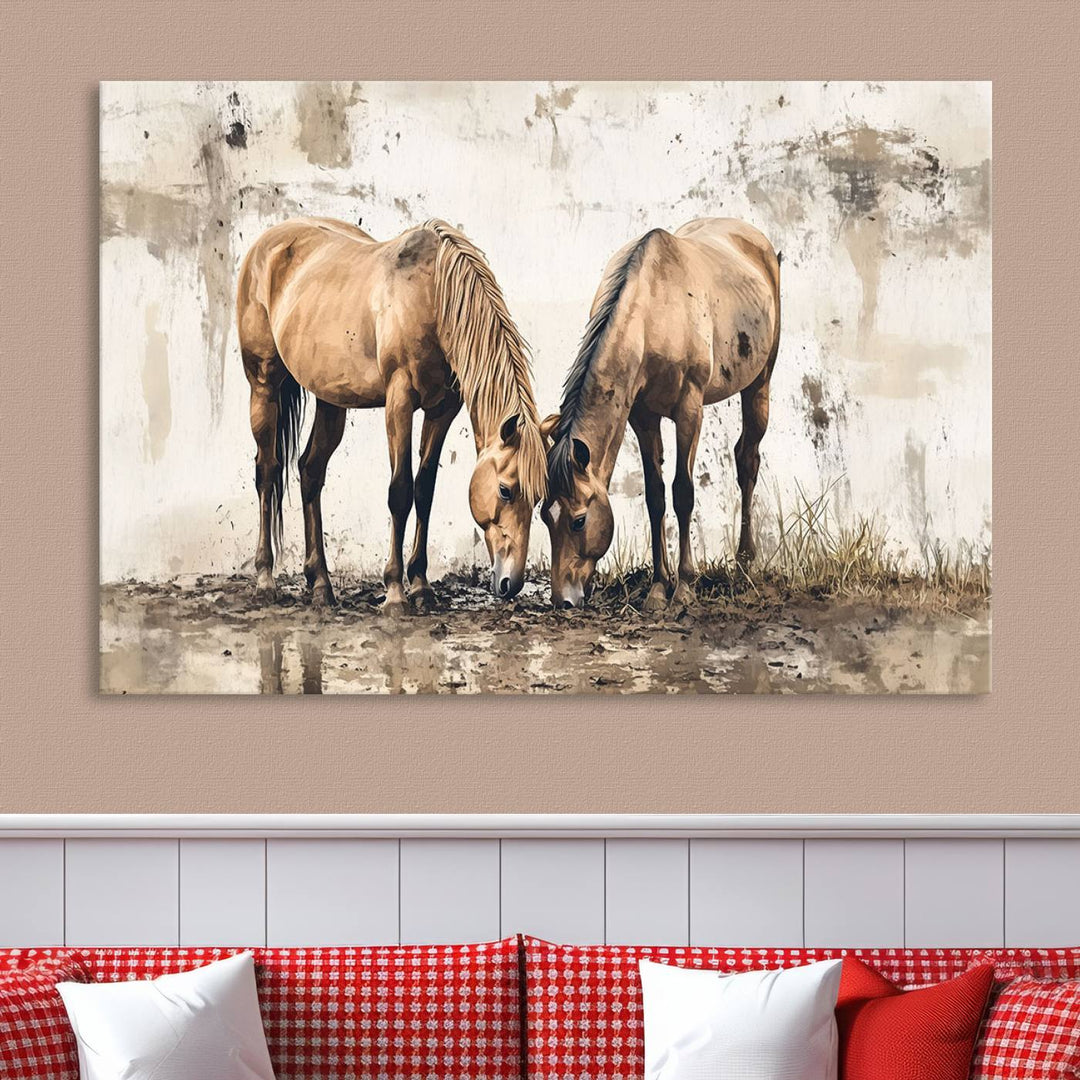 Vintage Horses Wall Art | Ready to Hang and Framed Triptych | Western Farmhouse Wall Decor for Living Room