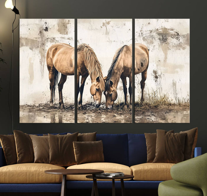 Vintage Horses Wall Art | Ready to Hang and Framed Triptych | Western Farmhouse Wall Decor for Living Room