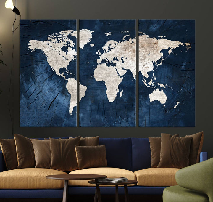 Vintage World Map Canvas Wall Art - Framed Map Print for Office Decor - Decorative Wooden Style World Map