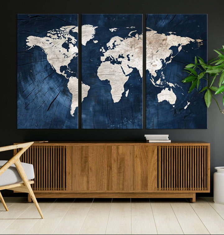 Vintage World Map Canvas Wall Art - Framed Map Print for Office Decor - Decorative Wooden Style World Map
