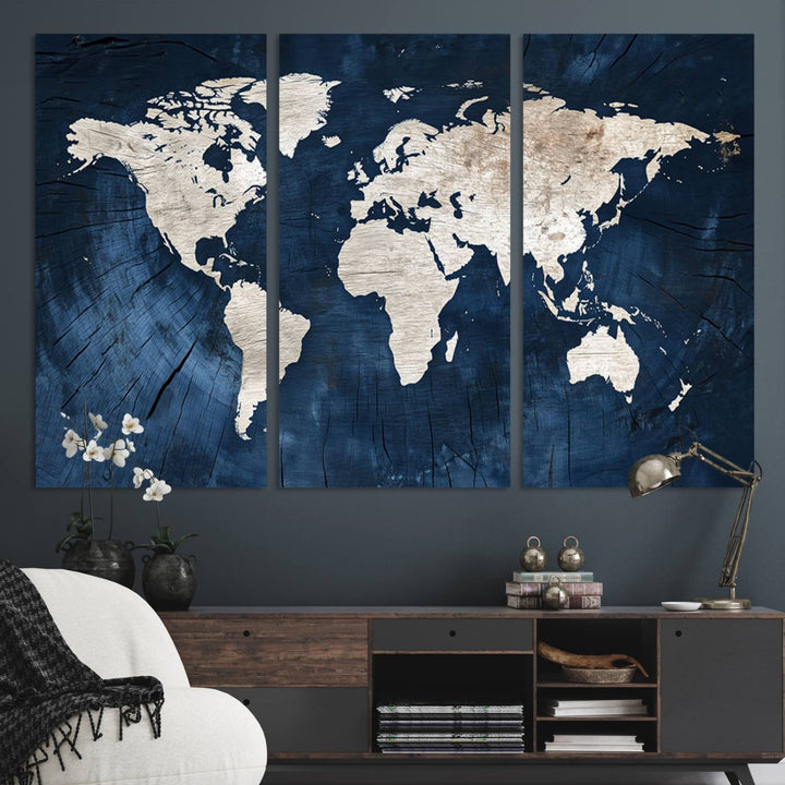 Vintage World Map Canvas Wall Art - Framed Map Print for Office Decor - Decorative Wooden Style World Map
