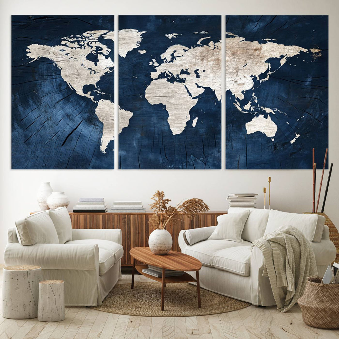 Vintage World Map Canvas Wall Art - Framed Map Print for Office Decor - Decorative Wooden Style World Map