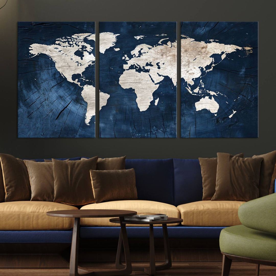 Vintage World Map Canvas Wall Art - Framed Map Print for Office Decor - Decorative Wooden Style World Map