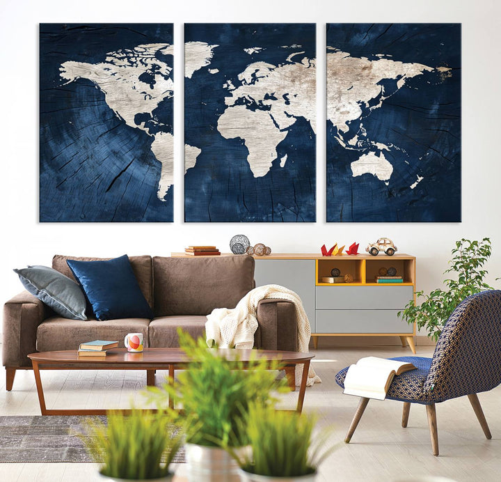 Vintage World Map Canvas Wall Art - Framed Map Print for Office Decor - Decorative Wooden Style World Map