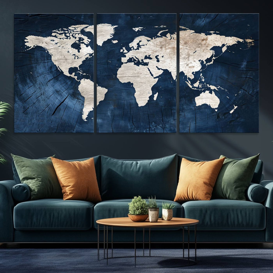 Vintage World Map Canvas Wall Art - Framed Map Print for Office Decor - Decorative Wooden Style World Map
