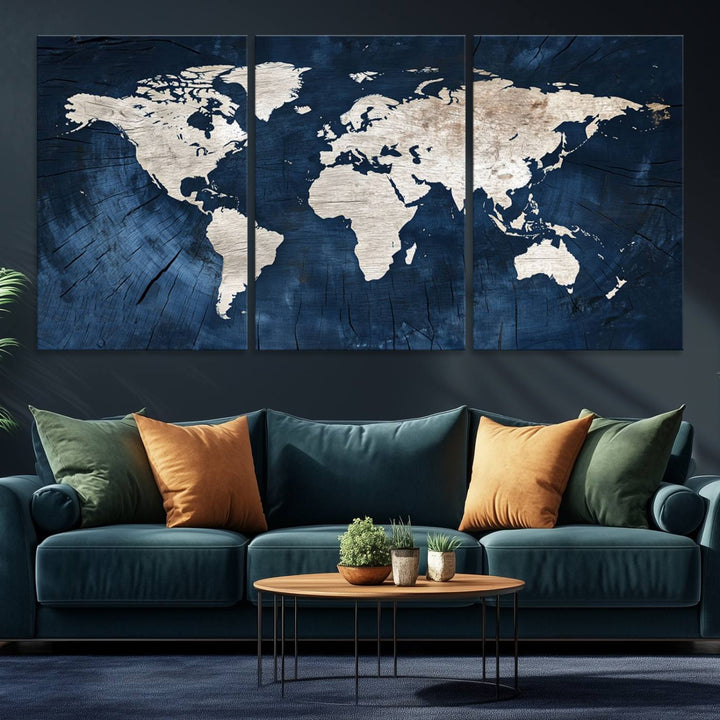 Vintage World Map Canvas Wall Art - Framed Map Print for Office Decor - Decorative Wooden Style World Map