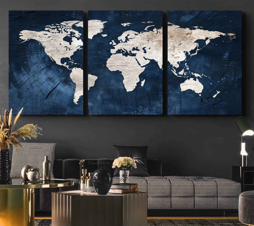 Vintage World Map Canvas Wall Art - Framed Map Print for Office Decor - Decorative Wooden Style World Map