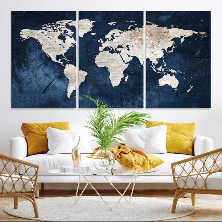 Vintage World Map Canvas Wall Art - Framed Map Print for Office Decor - Decorative Wooden Style World Map