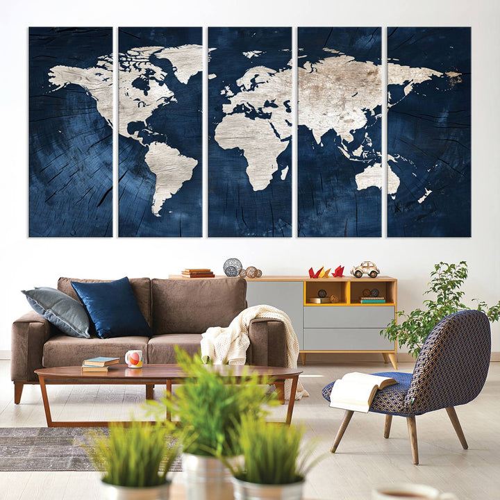 Vintage World Map Canvas Wall Art - Framed Map Print for Office Decor - Decorative Wooden Style World Map